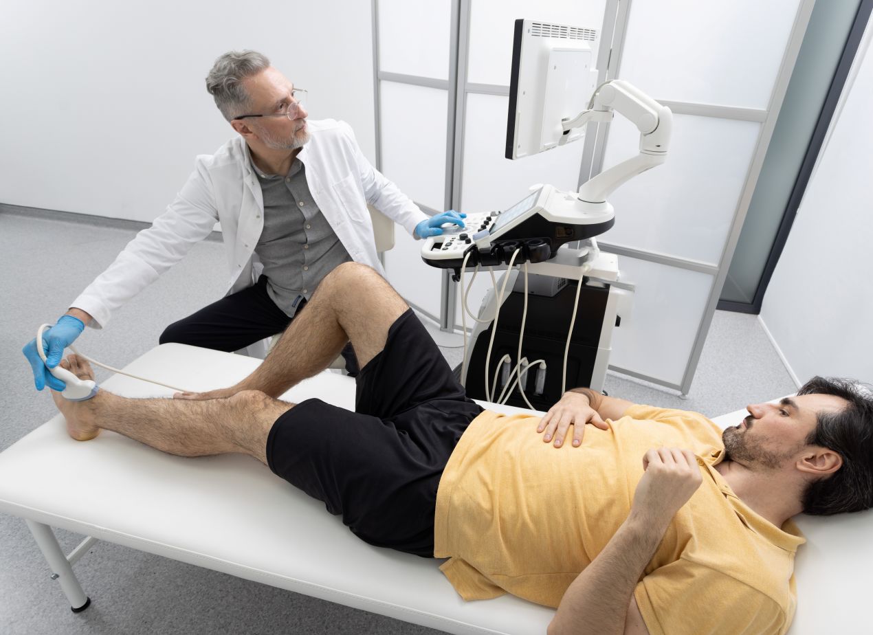 Sportorthopäde Köln untersucht Unterschenkel mit Ultraschall zur Diagnose einer muskulären Ueberlastung